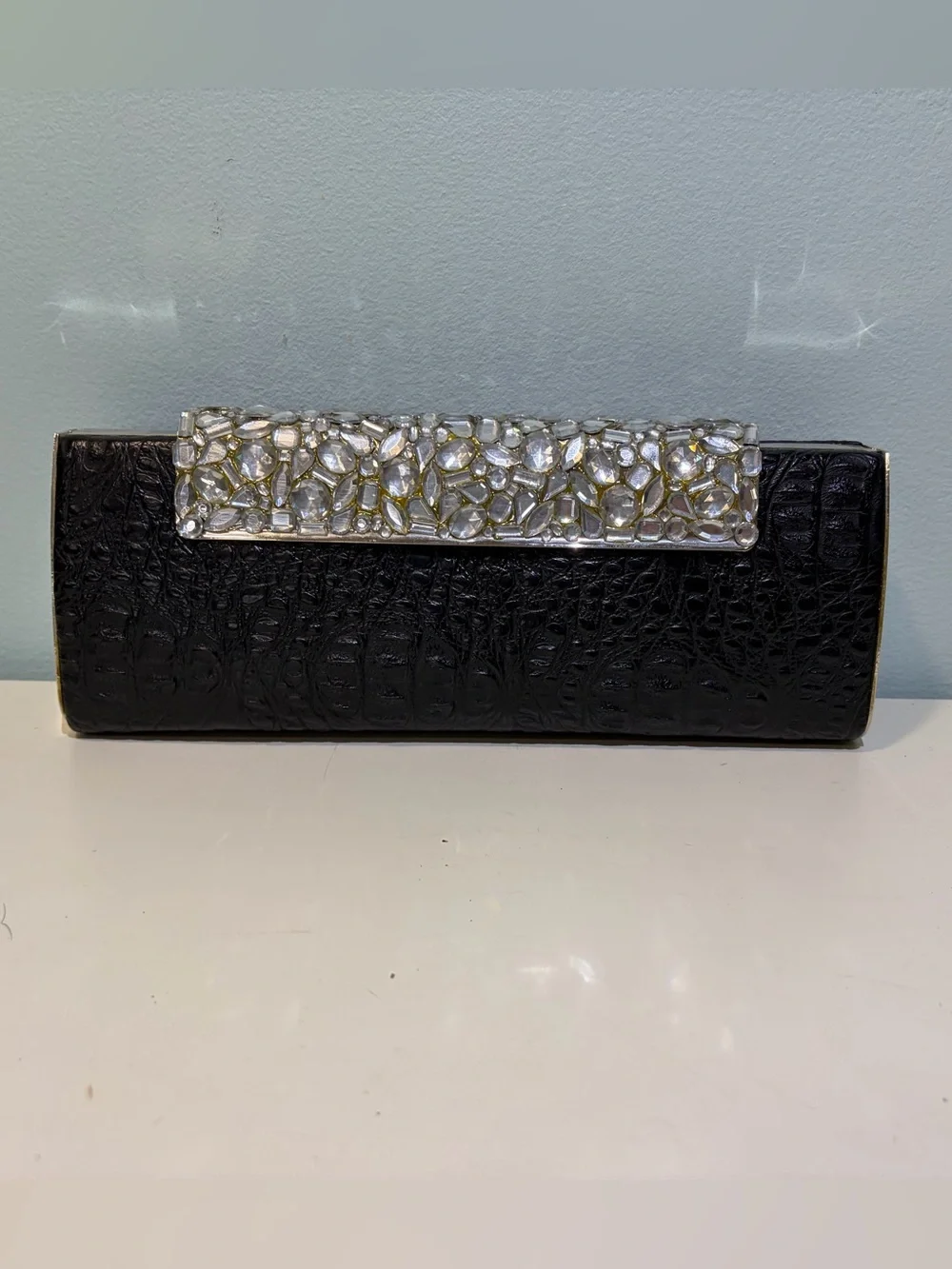 Black Embossed Crocodile Print Evening Clutch Dramatic Crystal Accent & Chain
